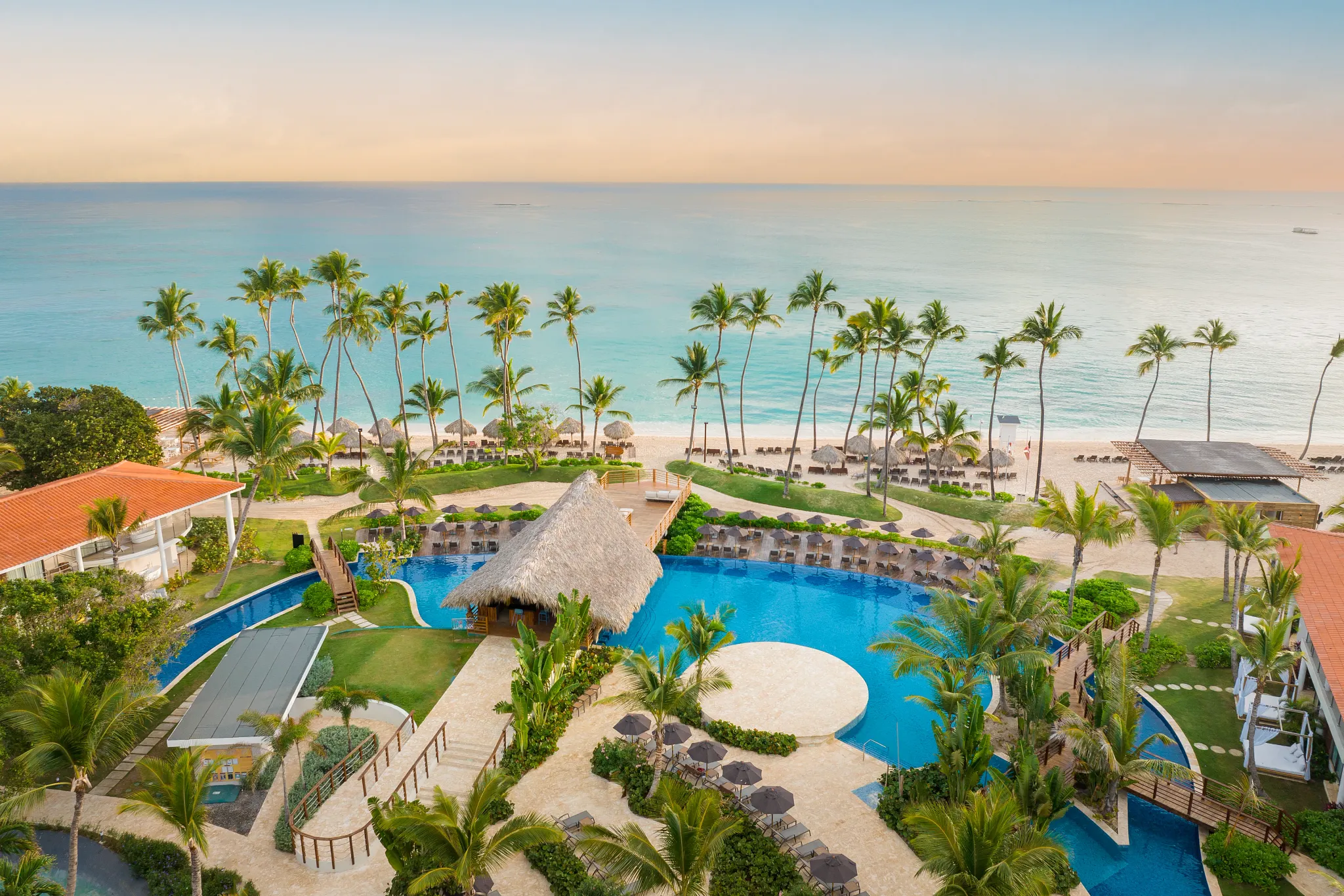 Elevated oceanfront pool view with palm-lined beach and turquoise water at Dreams Flora Resort & Spa Punta Cana.