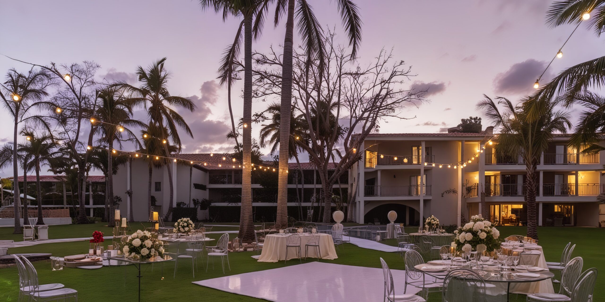 Framboyan Garden outdoor reception setup with string lights at Dreams Flora Resort & Spa
